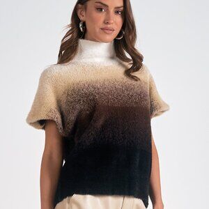 Elan Snow Ombre Fuzzy Knit Sweater Top Cream Brown Black Size L Cozy Boho